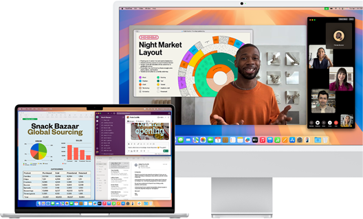 Una MacBook Air de 15 pulgadas color plata con las apps Mail, Numbers y Slack abiertas, al lado de una iMac de 24 pulgadas que muestra a una persona haciendo una presentación de Keynote en una videollamada de FaceTime